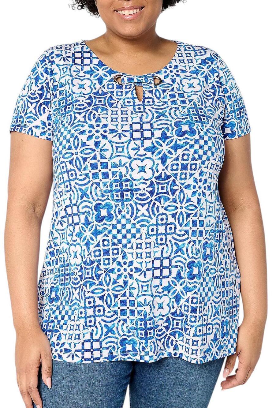 Susan Graver Women's Printed Liquid Knit Tunic with Grommet Indigo - Regular
